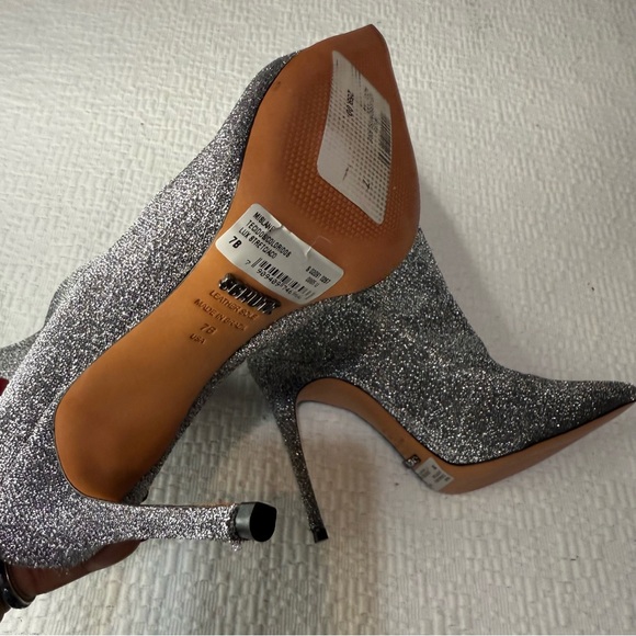 $258 SCHUTZ Silver Metallic Stretch Heeled Ankle Booties 7 NWT - Picture 8 of 17